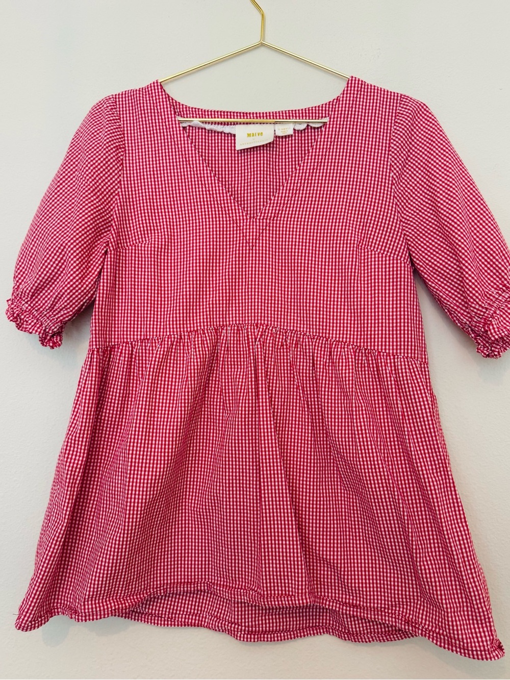 Maeve Red-Pink Gingham V-Neck Peplum Tunic
